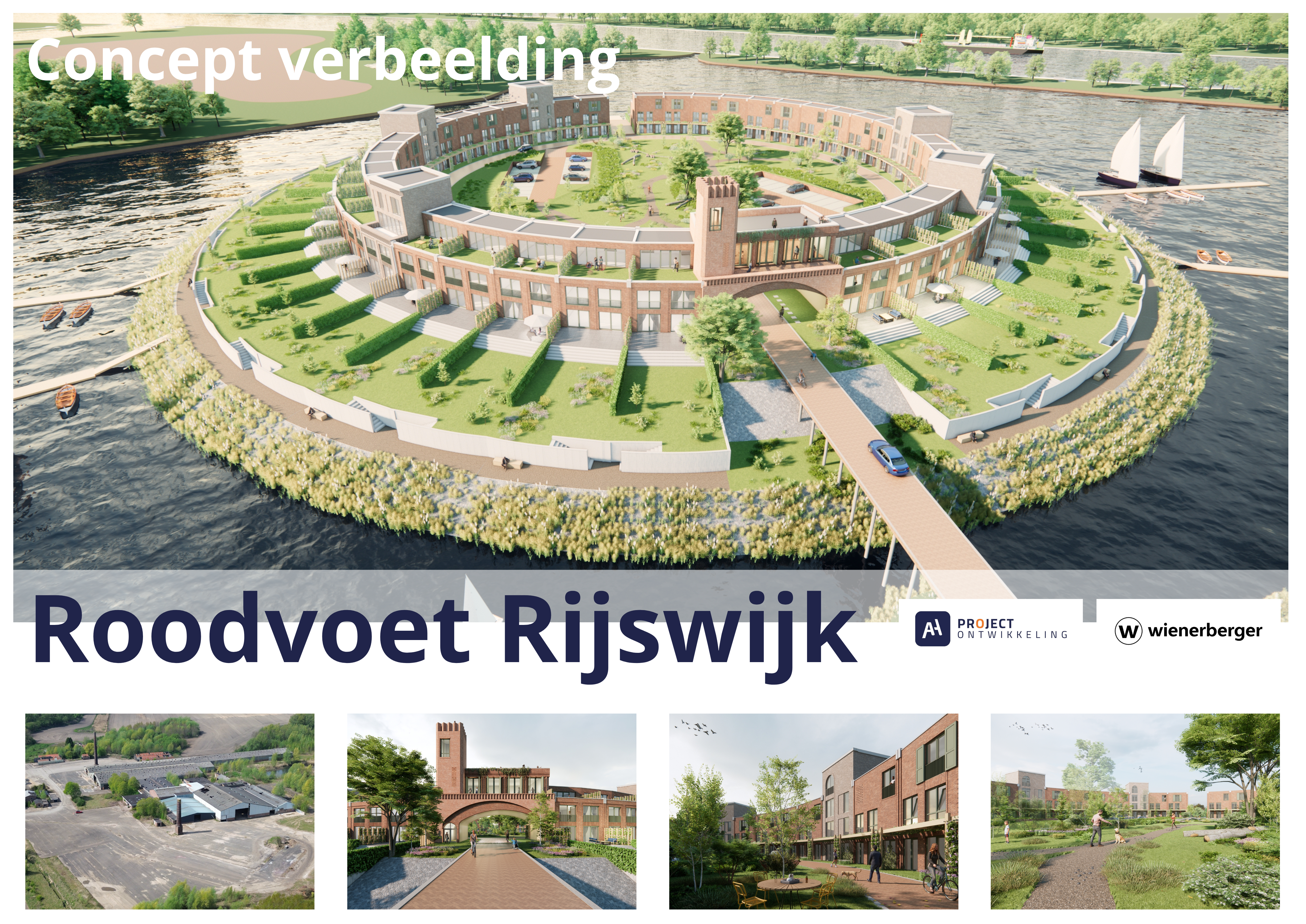 Conceptverbeelding van de herontwikkeling Roodvoet Rijswijk: wooneiland met ringbebouwing, water en toegangsbrug.