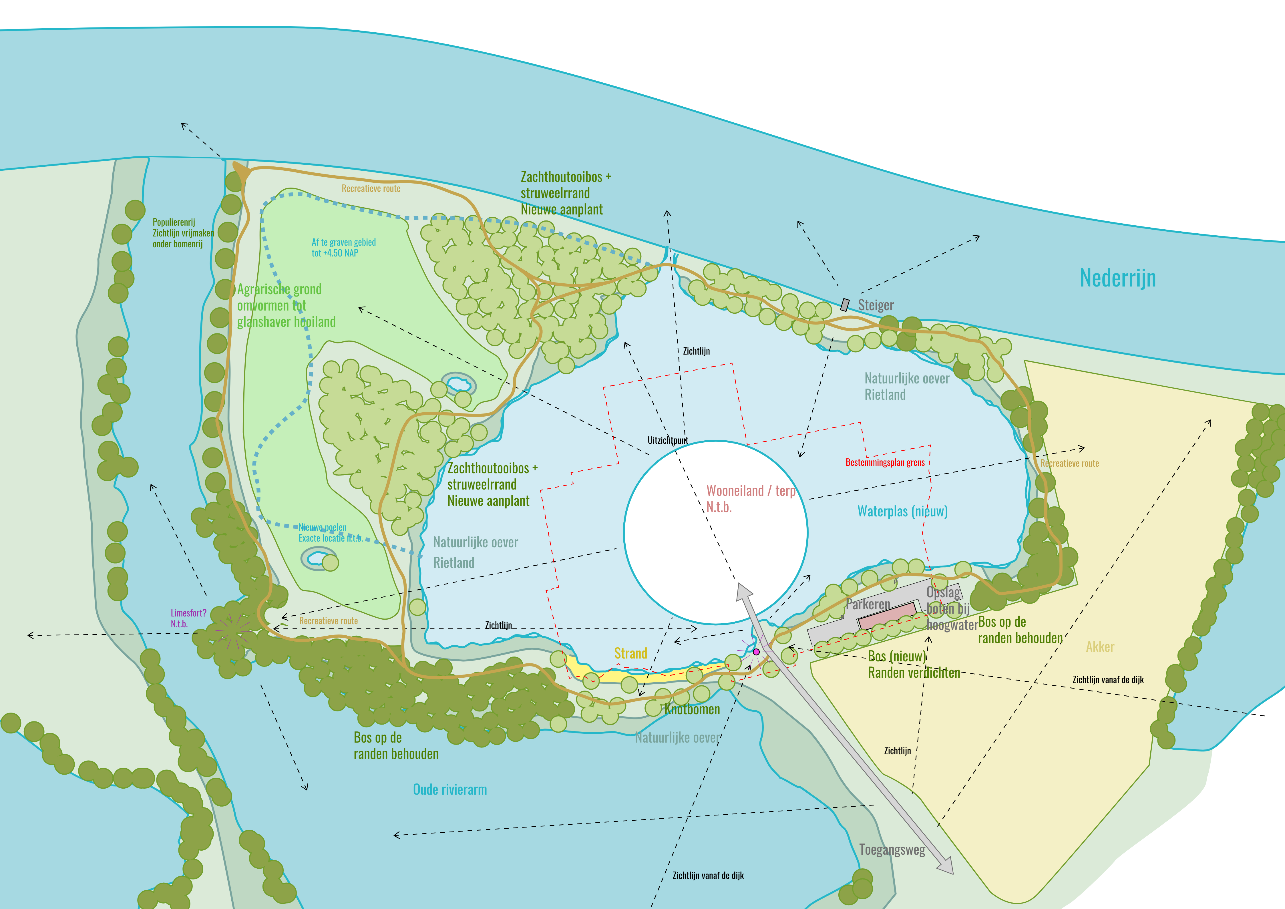 Ruimtelijke inpassing: wooneiland in het rivierlandschap met waterberging, natuur en routes.
